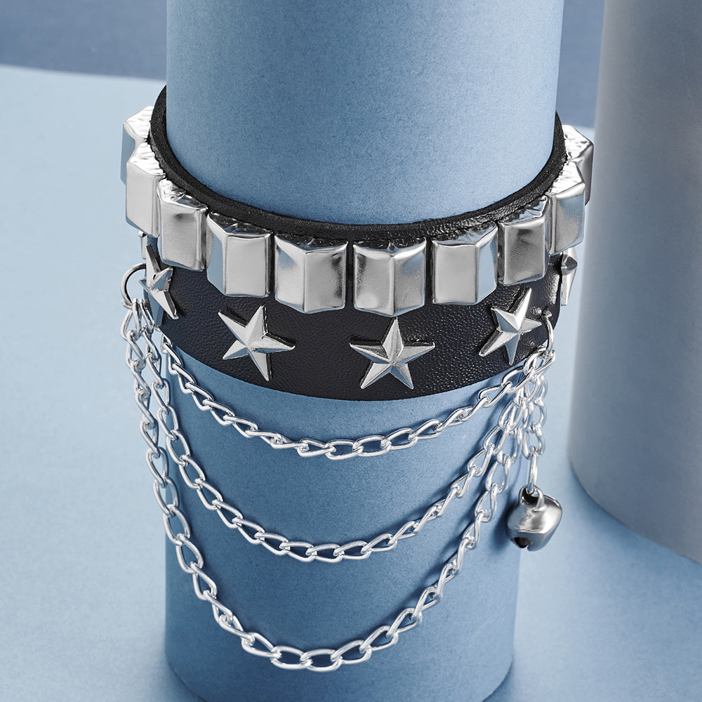 Rivet Star Pentagram Wrap Silver Multi-layered Chains Leather Bracelet Women Pentagram Wrap Bracelet Wristband For Women Hip Hop Jewelry