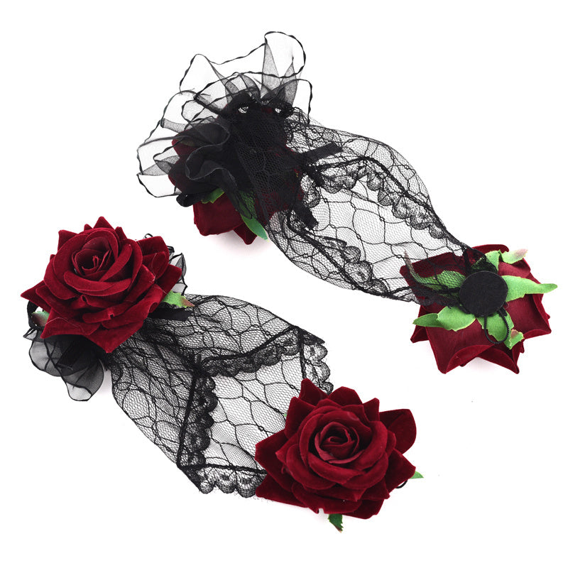 Vintage Lolita Lace Gloves Burgundy Rose Bracelet