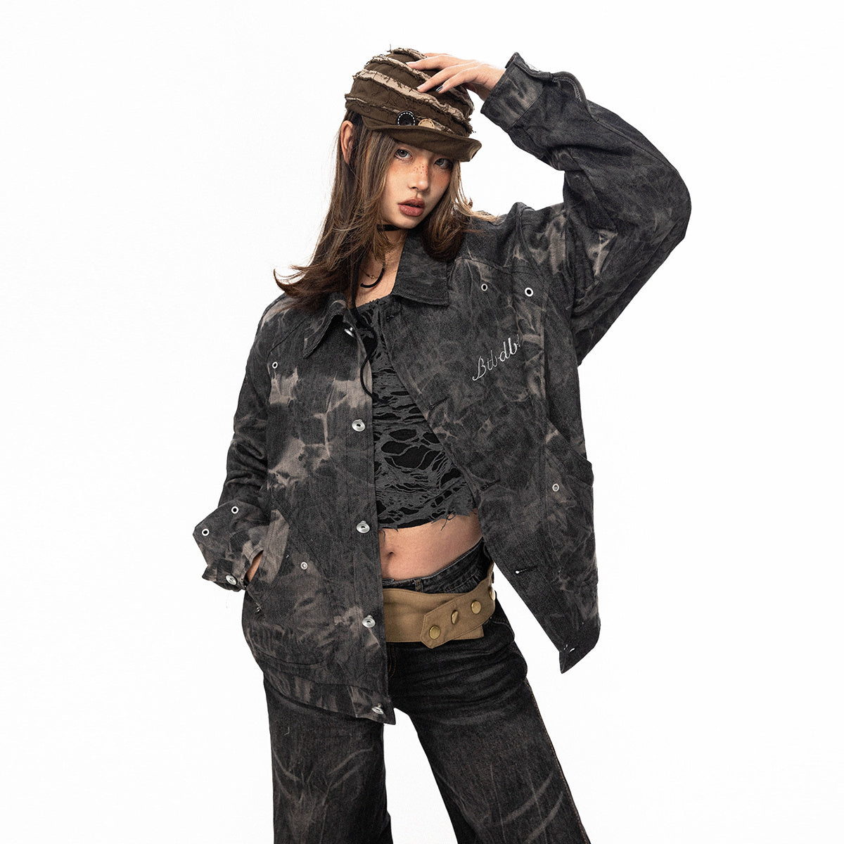Tie-dyed Embroidered Denim Coat For Women
