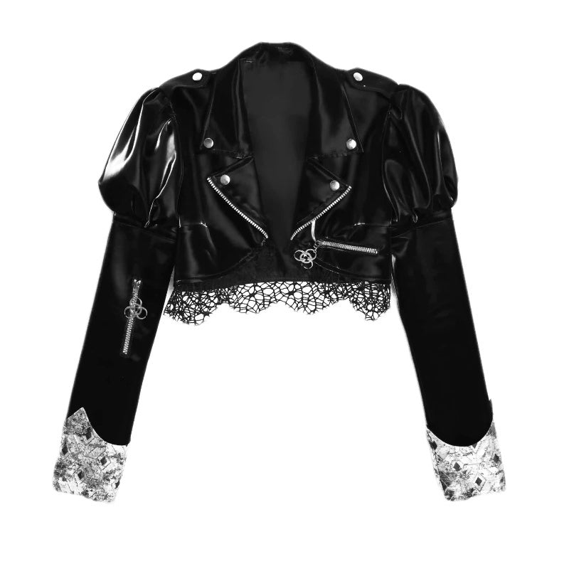 Niche PU Fishnet Stitching Long Sleeve Leather Coat