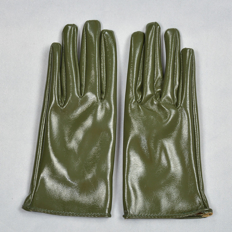 Patent Leather Short Gloves 21cm Bright Leather Mirror Uniform Army Control Green Military Style
