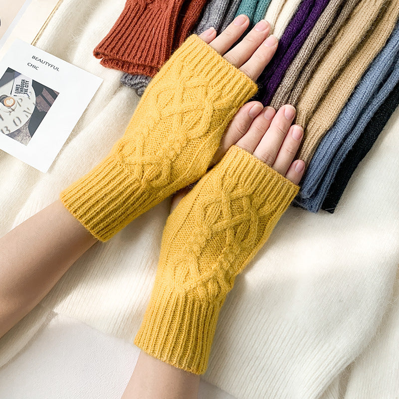Women's Fashion Solid Color Half Finger Wool Gloves