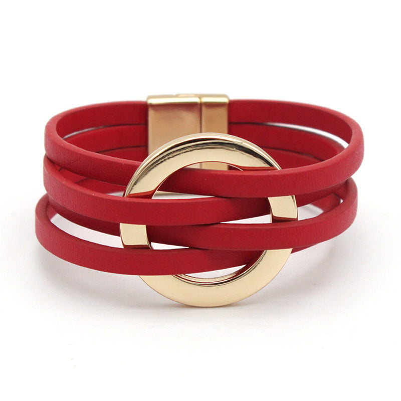 Cross Leather Women Bracelet Metal Big Ring Cuff Bangle Multi-layer Wristband Magnetic Snap Bangle