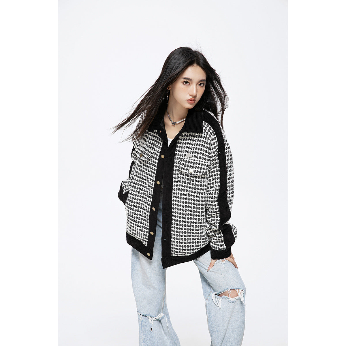Retro Color Contrast Patchwork Polo Collar Jacket