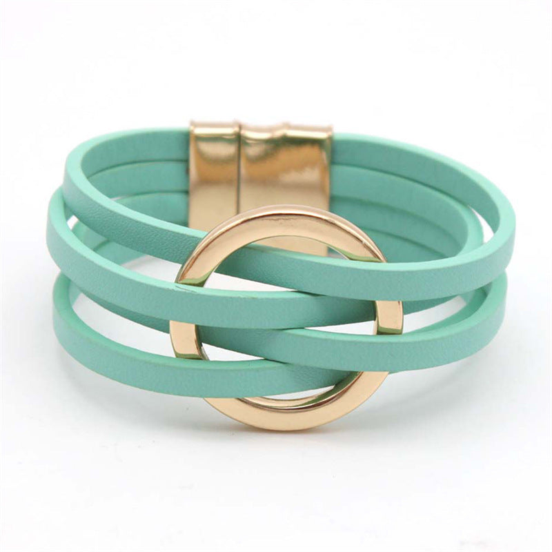 Cross Leather Women Bracelet Metal Big Ring Cuff Bangle Multi-layer Wristband Magnetic Snap Bangle