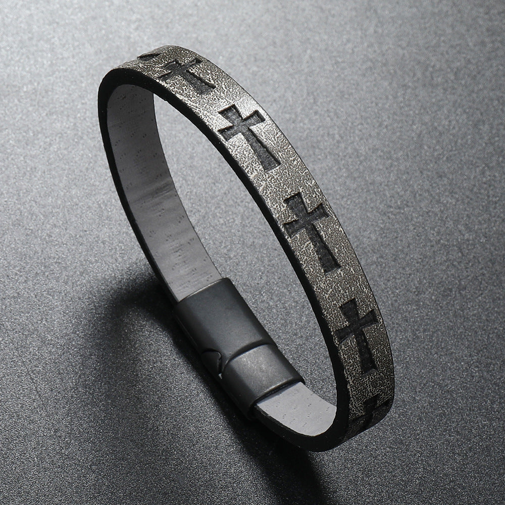 Alloy Leather Bracelet Printed Cross Magnetic Buckle Bracelet