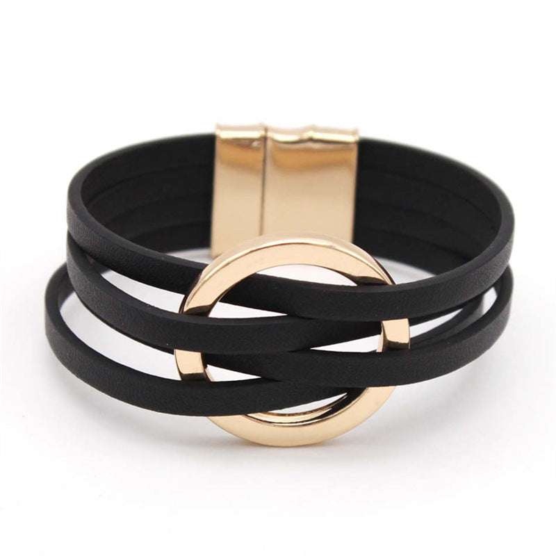 Cross Leather Women Bracelet Metal Big Ring Cuff Bangle Multi-layer Wristband Magnetic Snap Bangle