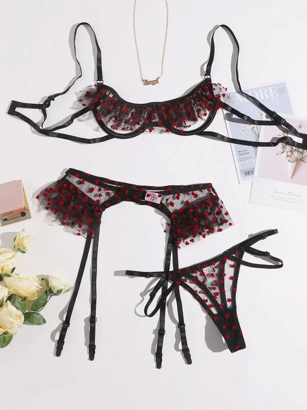 Sexy Lingerie Sexy Love Polka Dot Ruffled See-through Three-piece Set