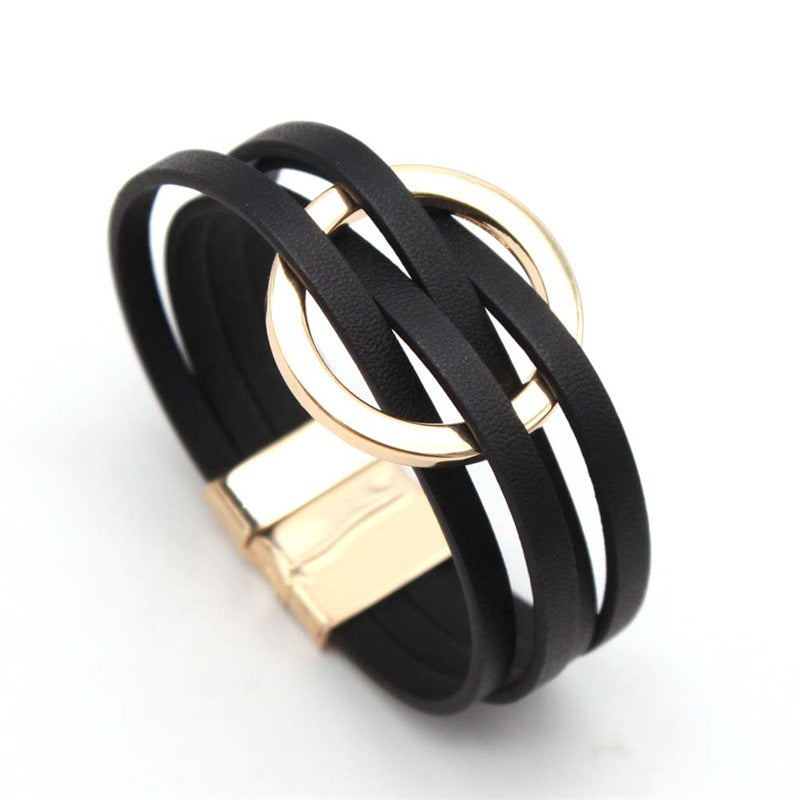 Cross Leather Women Bracelet Metal Big Ring Cuff Bangle Multi-layer Wristband Magnetic Snap Bangle