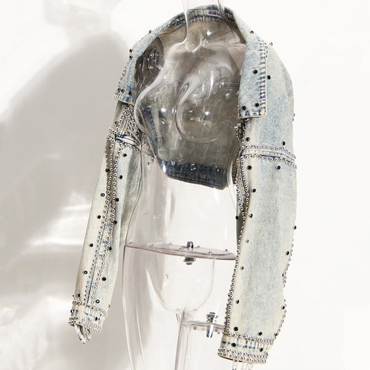 Niche Rivets With Diamonds High Waist Shawl Denim Short Coat