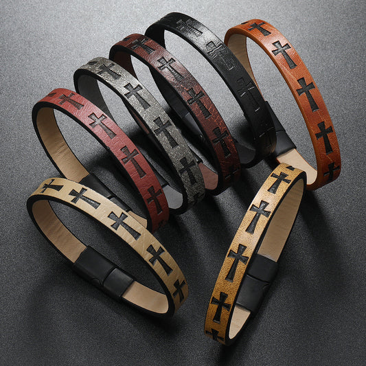 Alloy Leather Bracelet Printed Cross Magnetic Buckle Bracelet