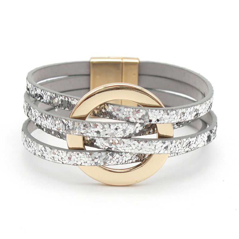 Cross Leather Women Bracelet Metal Big Ring Cuff Bangle Multi-layer Wristband Magnetic Snap Bangle