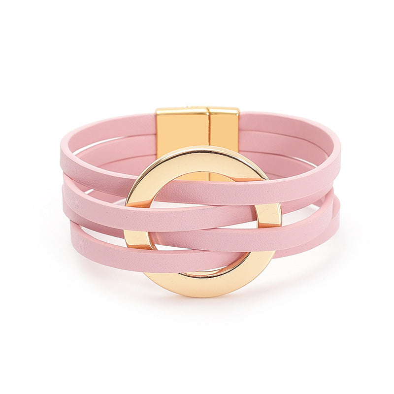 Cross Leather Women Bracelet Metal Big Ring Cuff Bangle Multi-layer Wristband Magnetic Snap Bangle
