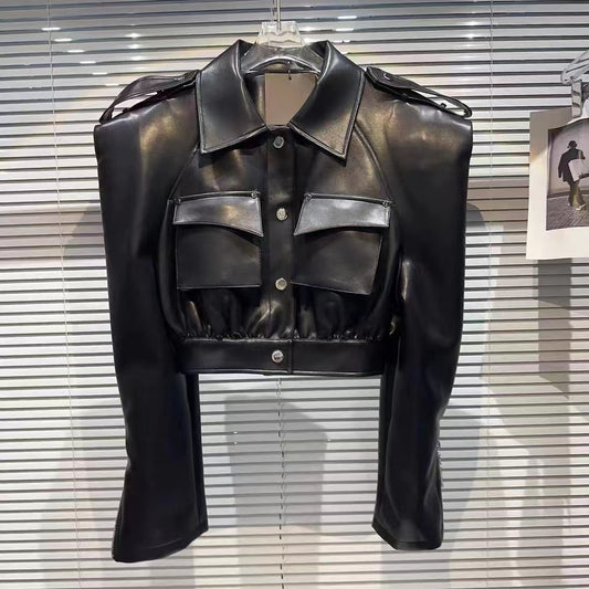 Short Motorcycle Clothing Leather Long-sleeved Coat Fried Street Fashion PU Leather Jacket