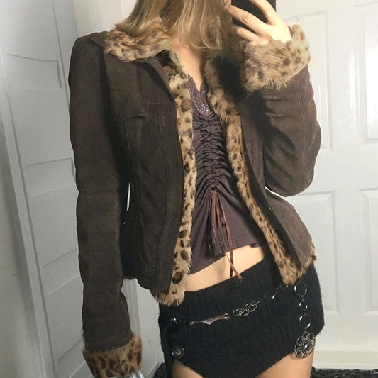 Retro Wild Hot Girl Leopard Fur Patchwork Pocket Jacket