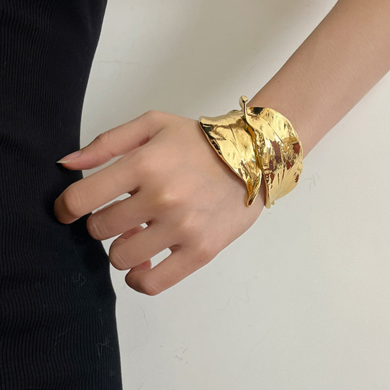 Niche Design Thorns Winding Metal Leaf Shape Open-ended Bracelet