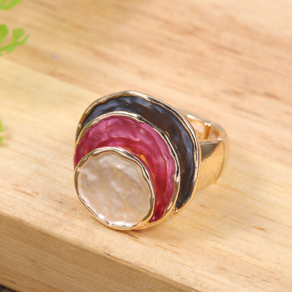 Zinc Alloy Geometric Three-layer Round Enamel Drop Oil Level Women's Elastic Ring