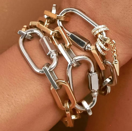 Climbing Button Carabiner Gold Titanium Steel 18K Gold Thick Bracelet