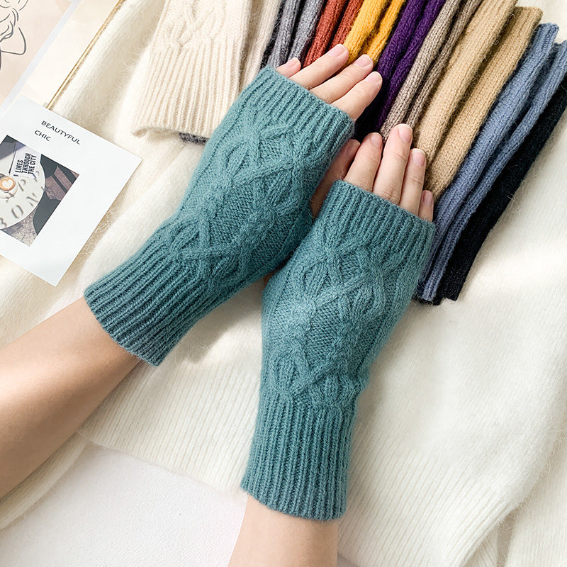 Women's Fashion Solid Color Half Finger Wool Gloves