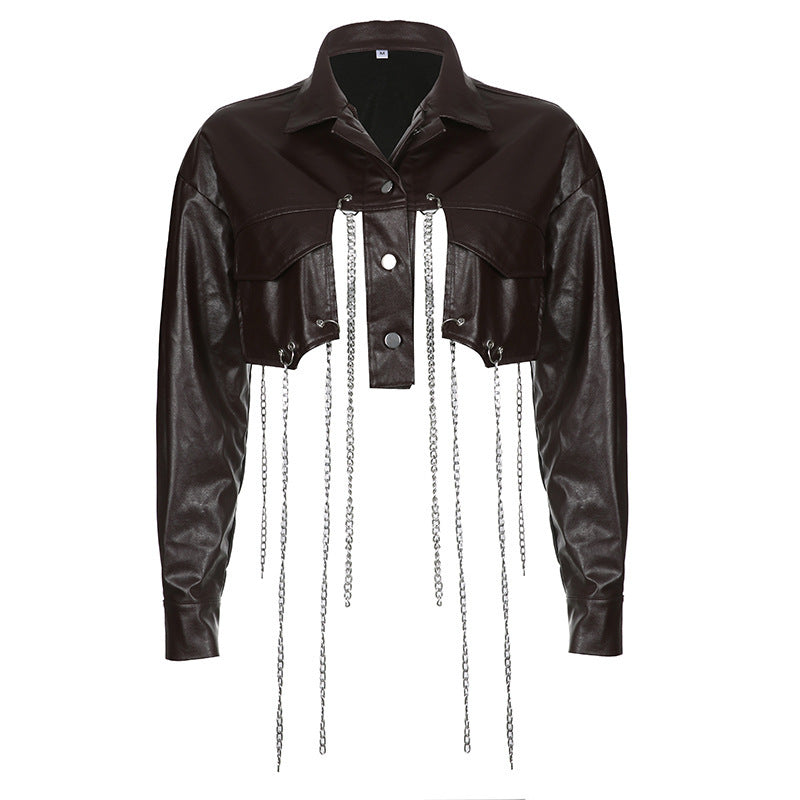 Solid Color PU Matching Suit Collar Button Cardigan Long Sleeve