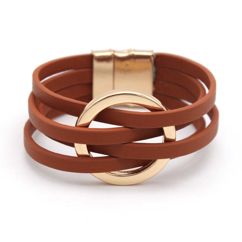 Cross Leather Women Bracelet Metal Big Ring Cuff Bangle Multi-layer Wristband Magnetic Snap Bangle
