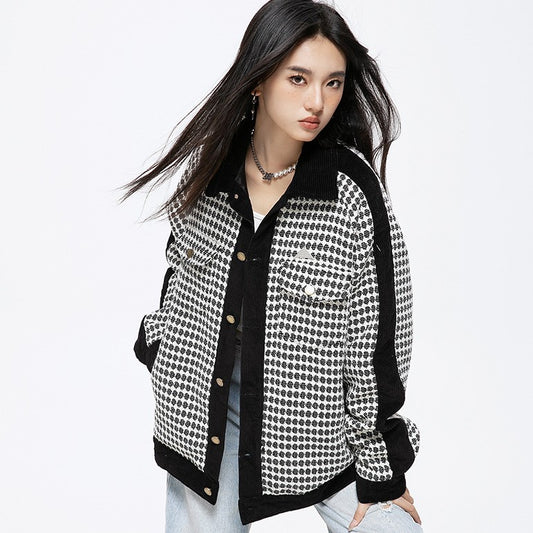 Retro Color Contrast Patchwork Polo Collar Jacket