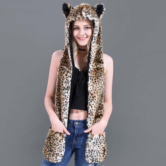 Faux Fur Straw Cartoon Animal Hat Scarf Gloves One